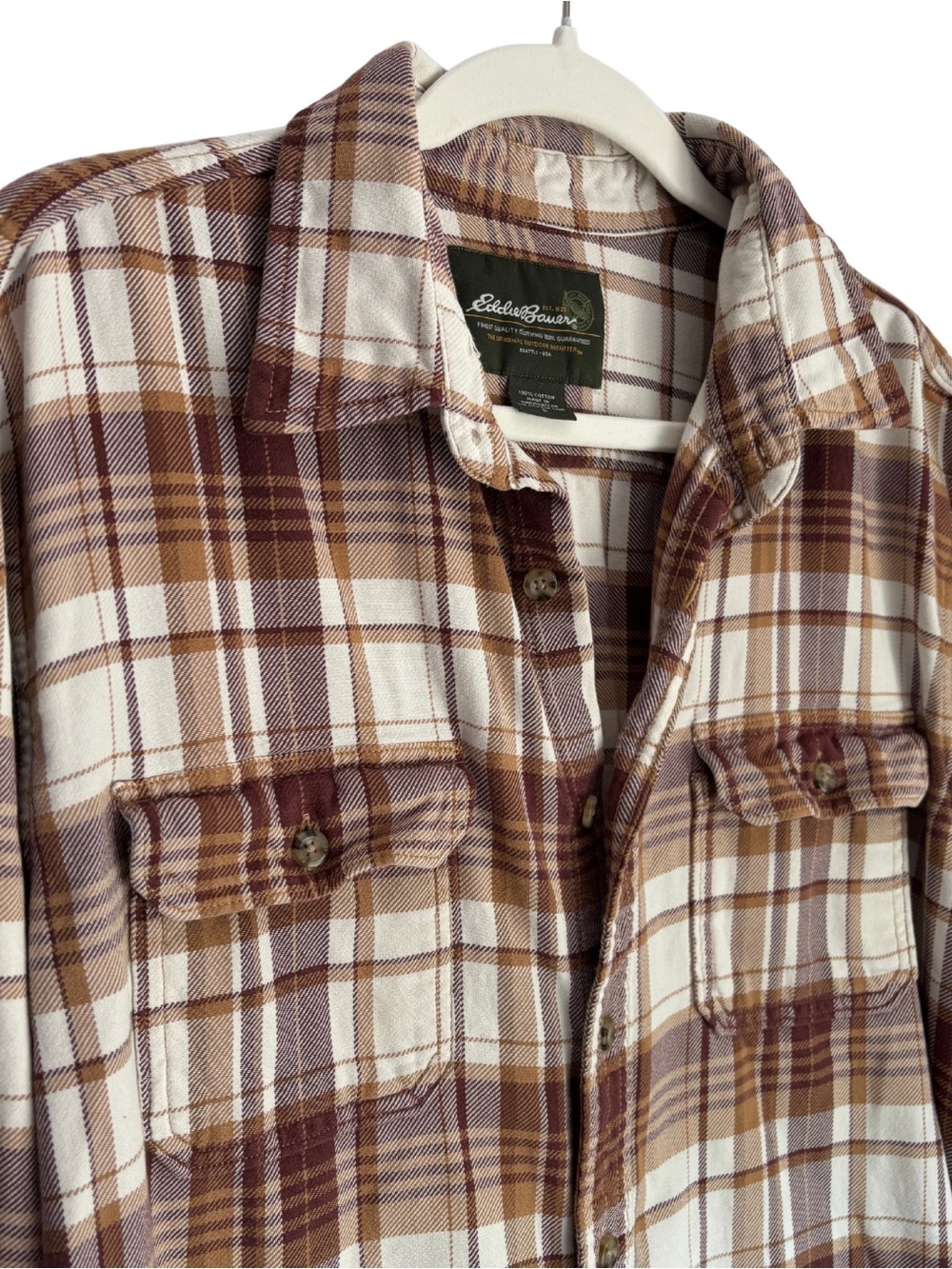 Eddie Bauer Flannel Shirt – Burgundy/Tan Plaid – Size L